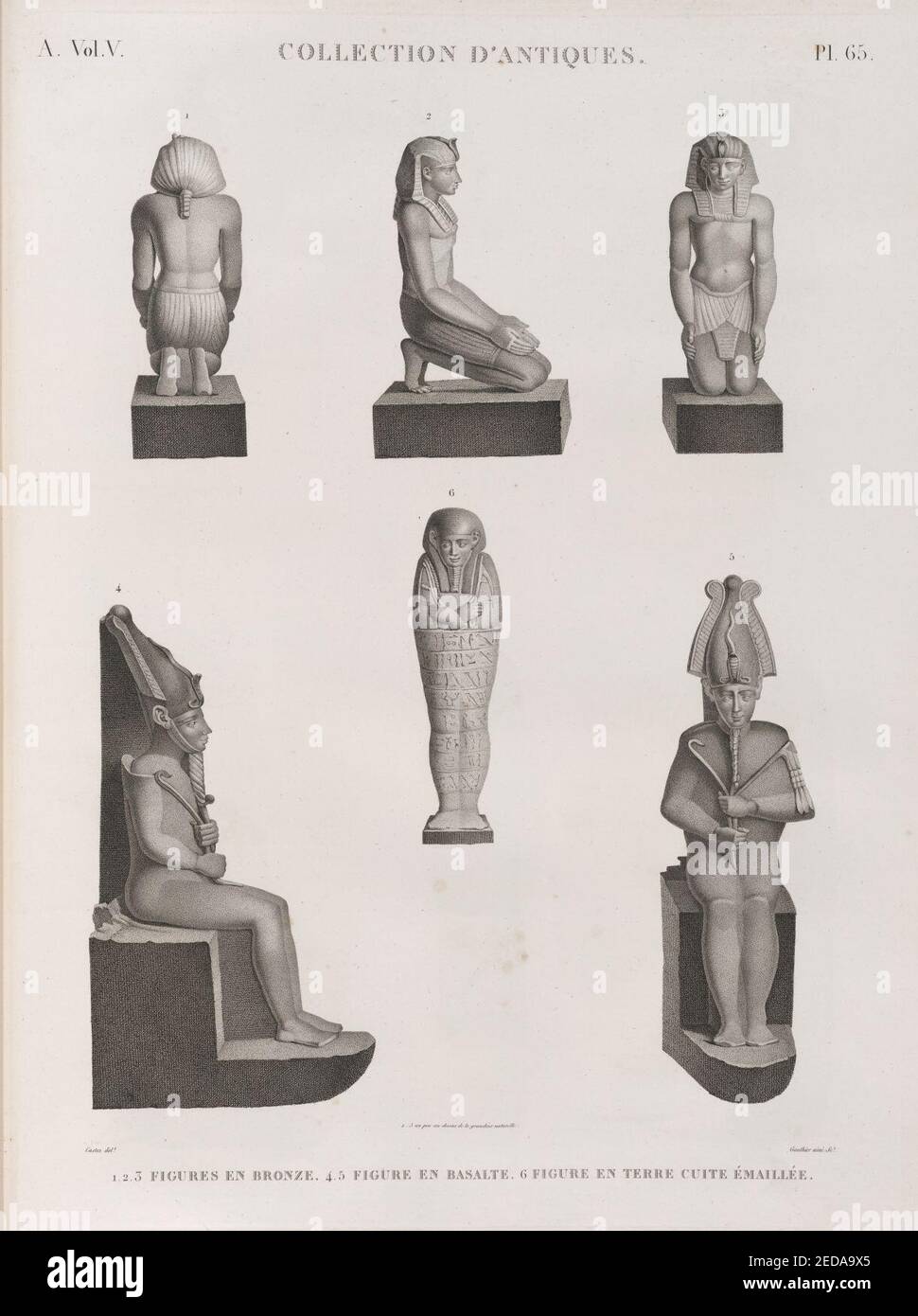 Antiquitätensammlung. 1-3. Figuren aus Bronze; 4,5. Abbildung en basalte; 6. Figure en terre cuite émaillée Stockfoto