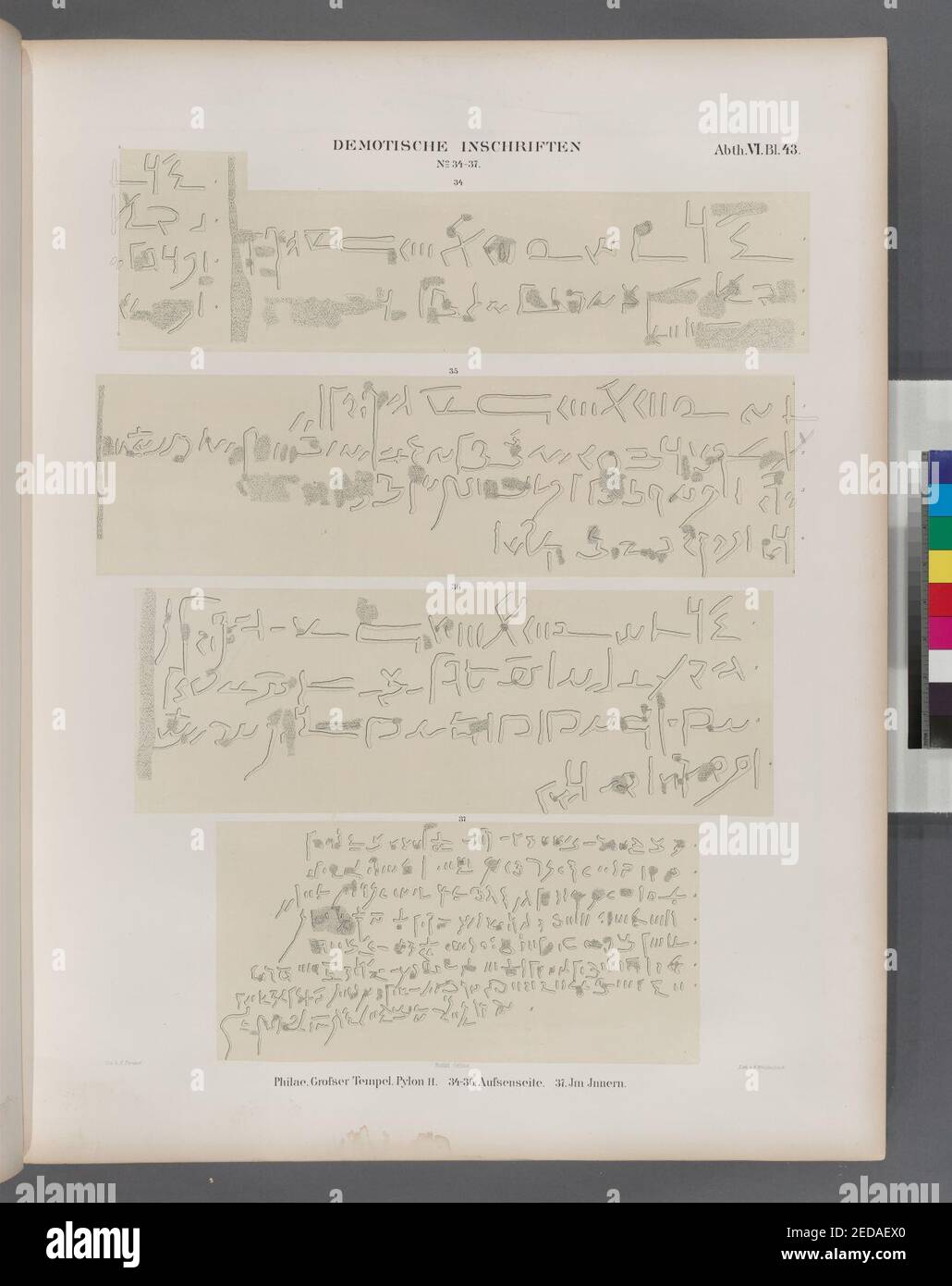 Demotische Inschriften Nr. 34-37. Philae Großer Tempel. Pylon H- 34-36. Aussenseite; 37. Im Inneren Stockfoto