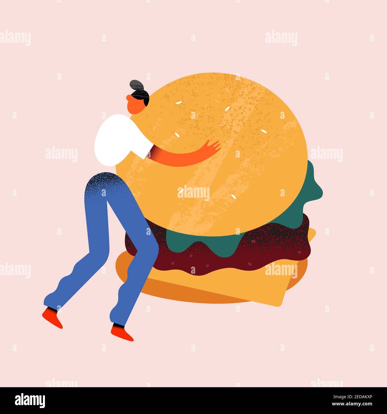 Frau hält Burger, kleine menschliche Charakter hält und umarmt eine riesige Cheeseburger mit Salat und Rindfleisch Patty, Vektor-Cartoon-illutration Stock Vektor