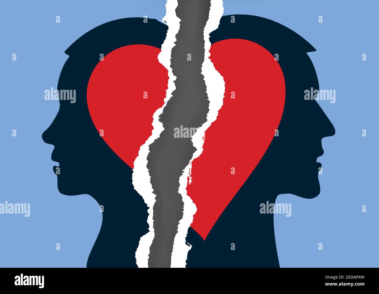 Scheidung Paar und zerrissenes Papier Herz. Zerrissenes Papier mit stilisierten Silhouetten von Mann und Frau, die ein geschiedenes Paar symbolisieren. Vektor verfügbar. Stock Vektor