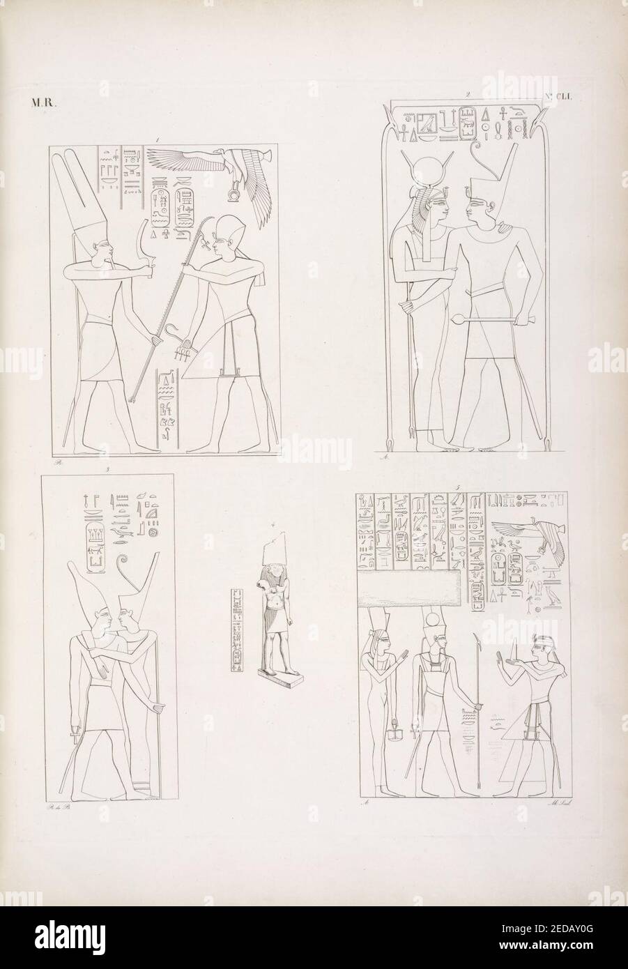 Abb. 1. Il re Osorkon riceve lo scettro degli anni da Amon-rê . Abb. 2, 3. Il re Sciabak (Shabaka) abbracciato da Athyr (Hathor) e da Tamon (Neith). Abb. 4. Statuetta di Phrê con leggenda di Stockfoto
