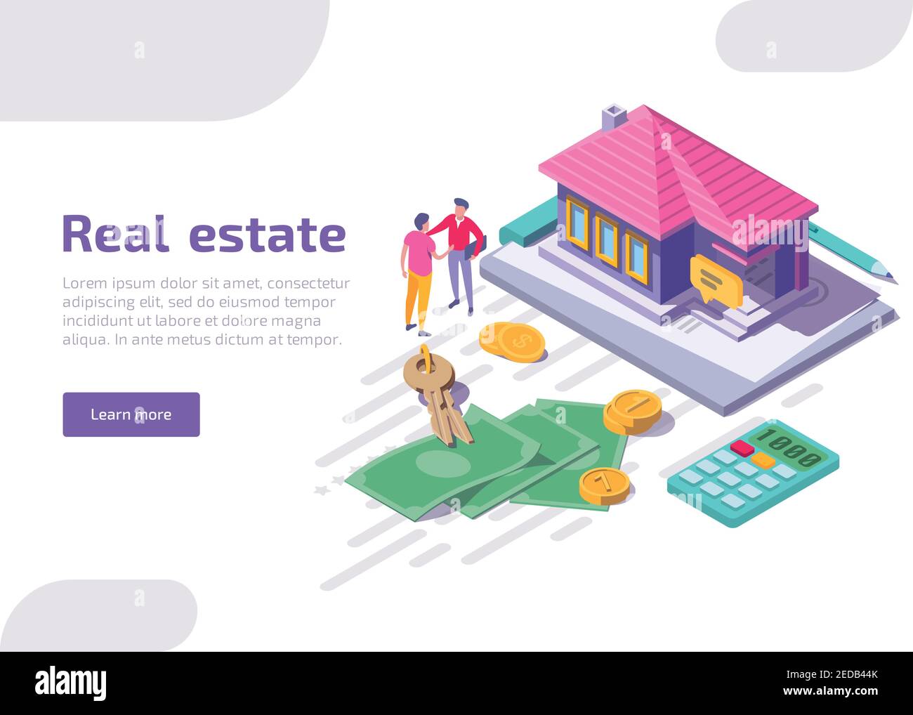 Isometrische Landing Page für Immobilien. Web-Banner-Design der Hütte mit Schlüssel, Rechner, verstreute Münzen und Geldscheine. Charakter Mann macht einen Deal mit einem Agenten. Hauskredit, Miete und Hypothek Konzept. Stock Vektor
