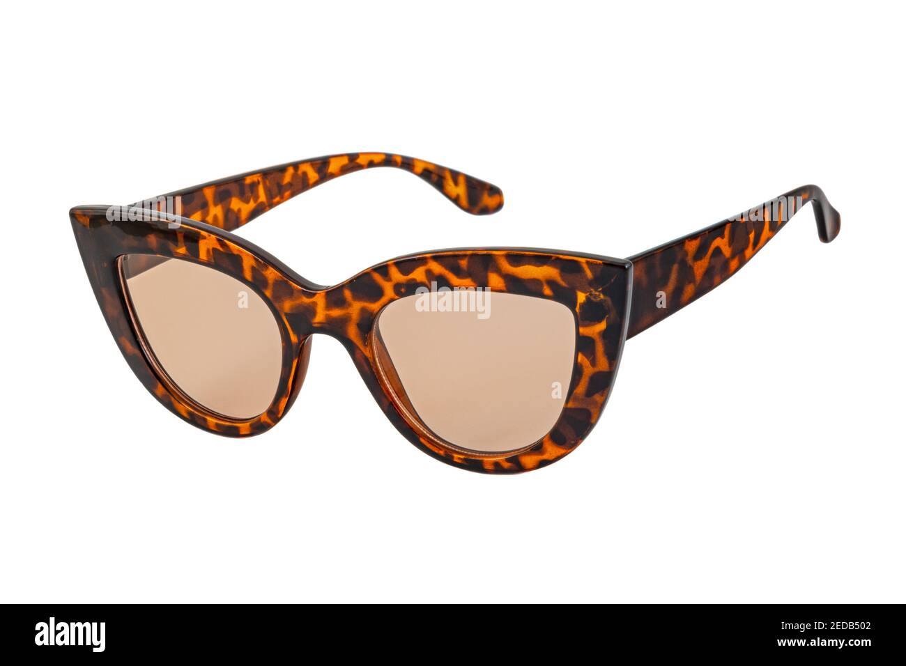 Braun fett Leopard texturierte Katzenaugen Sonnenbrille mit klaren Linsen und dicken Rahmen isoliert auf weißem Hintergrund. Seitenansicht. Stockfoto