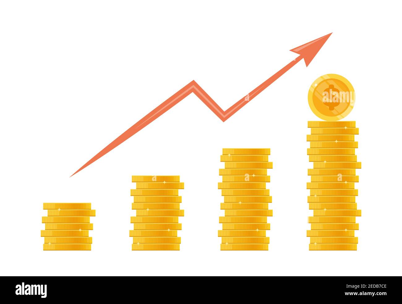 Stapel von Goldmünzen, Konzept von Einkommen oder Gewinn. Haufen Geld und Pfeil zeigt nach oben. Finanzielles Wachstum, Geld sparen, Investitionskonzept. Haufen Gol Stock Vektor
