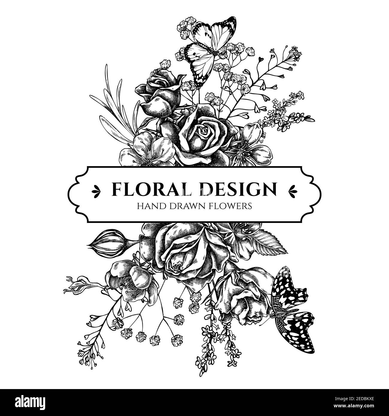 Blumenstrauß Design mit schwarz und weiß Schäfer s Geldbörse, Heidekraut, Iris japonica, Sakura, Gypsophila, Mandel, Zitronenschmetterling, schlichten Tiger, Rosen Stock Vektor