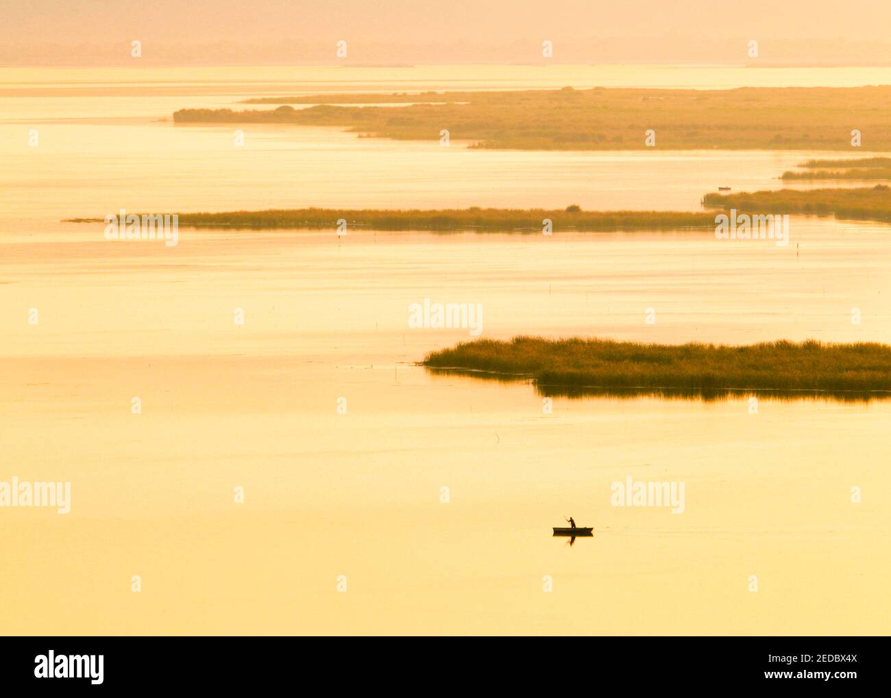 Eineidiger Fischer bei Sonnenaufgang, Lake Cuitzeo, Michoacan, Mexiko Stockfoto