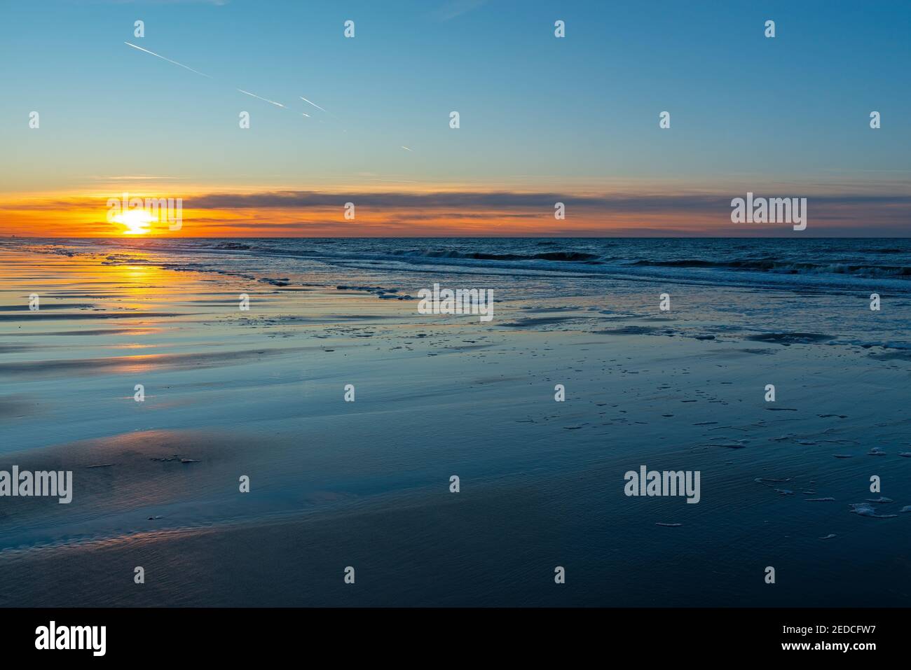 Nordseestrand Sonnenuntergang, Oostende (Ostende), Belgien. Stockfoto