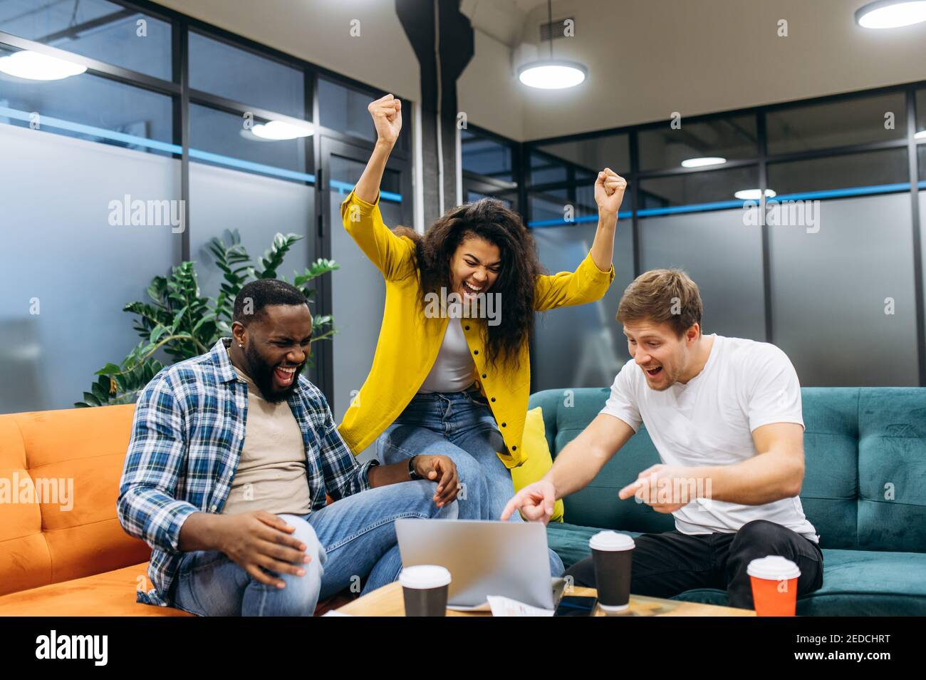 Überfröhliche, multirassische Mitarbeiter sitzen im Büro, schauen lächelnd auf den Laptop. Erfolgreiche Geschäftsleute freuen sich über gutes Geschäft. Fröhliche Schüler freuen sich über gute Nachrichten Stockfoto