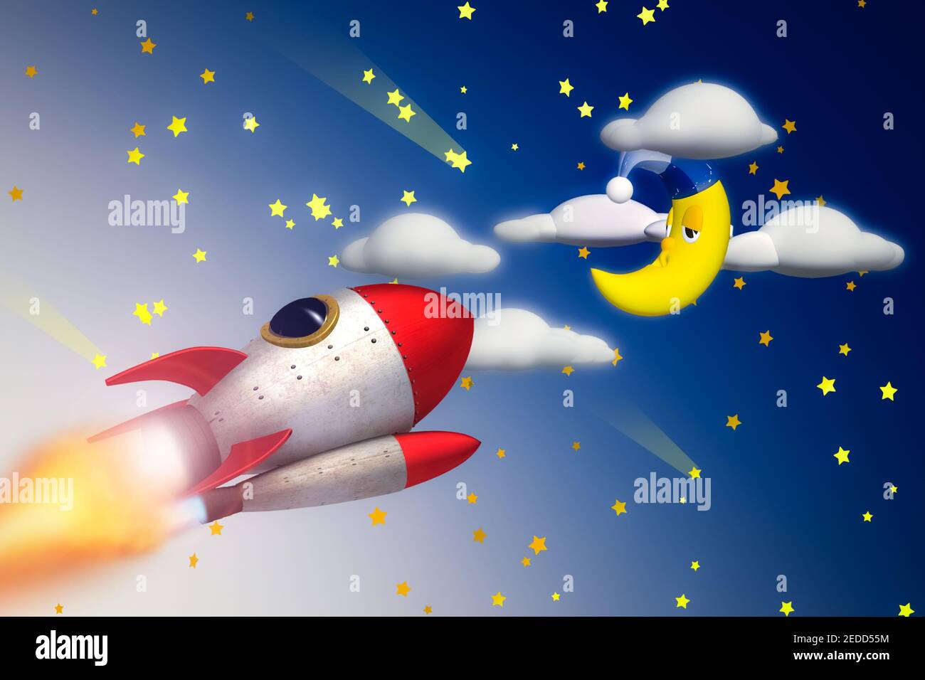 3D Rendering einer Rakete in den Himmel mit gestartet Die Sterne und der Mond Stockfoto