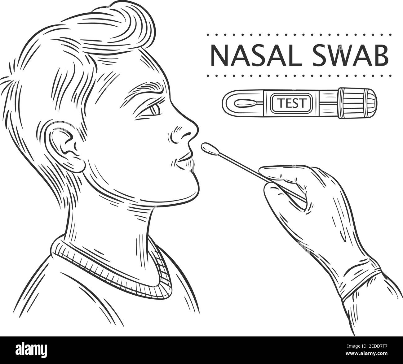 Symbol für den nasalen Tupfer-Schallkopf. Medizinische Coronavirus-Tests. Arzt macht DNA- oder PCR-Testvirus Covid-19 zum Patienten. Laboranalyse. Laborprobe. Vektor Stock Vektor