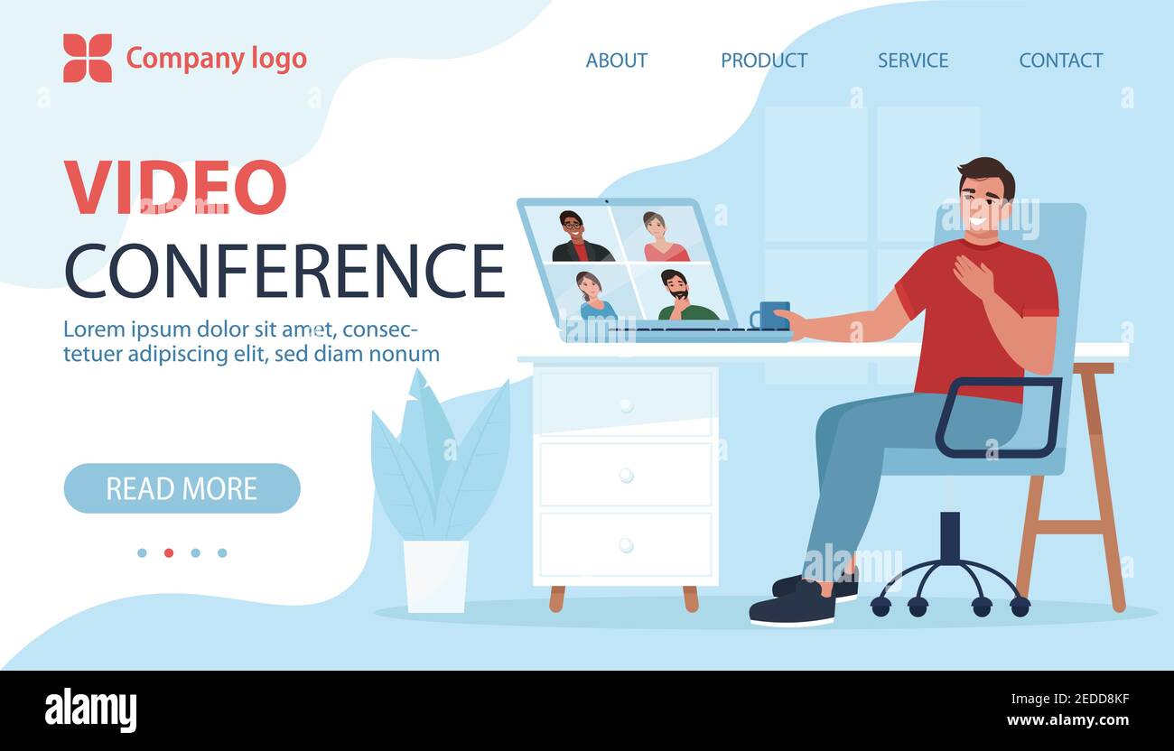 Videokonferenz, Meeting Landing Page. Mann in der Videokonferenz mit Kollegen. Laptop-Bildschirm. Vektorgrafik im flachen Stil Stock Vektor