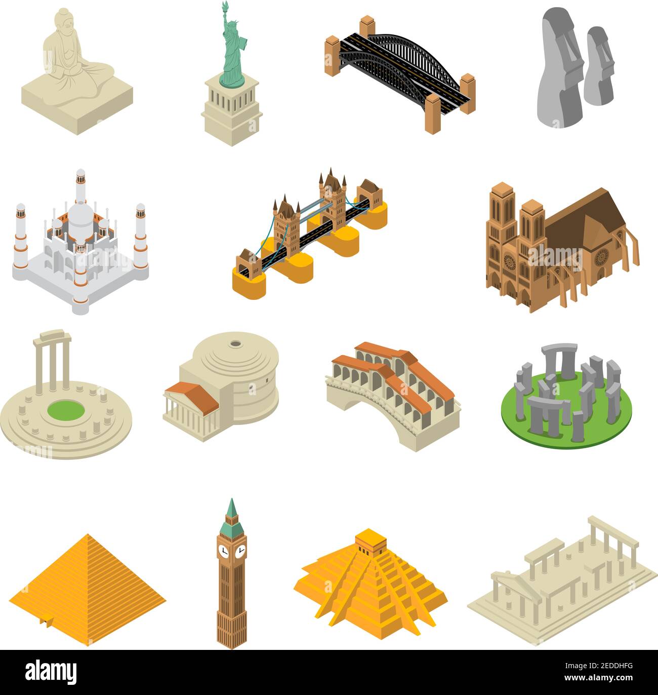 Weltberühmte Wahrzeichen isometrische Ikonen Sammlung mit ägyptischen Pyramiden Und amerikanische Freiheitsstatue isoliert Vektor-Illustration Stock Vektor