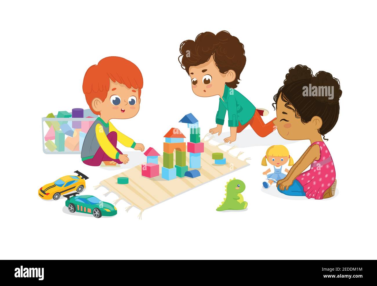 Kinder sitzen im Kreis und spielen mit Spielzeug im Kindergarten Klassenzimmer, spielen mit Holzspielzeugblöcken, Autos, Puppe und lachen. Lernen durch Stock Vektor