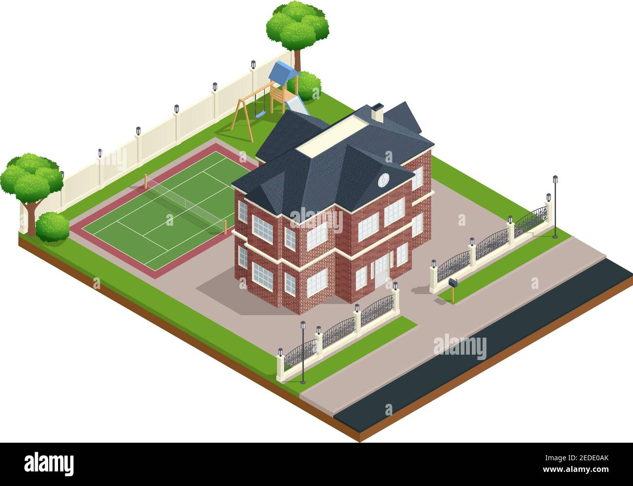 Vorort Haus isometrische Zusammensetzung mit Sportplatz und Bäume Vektor Abbildung Stock Vektor