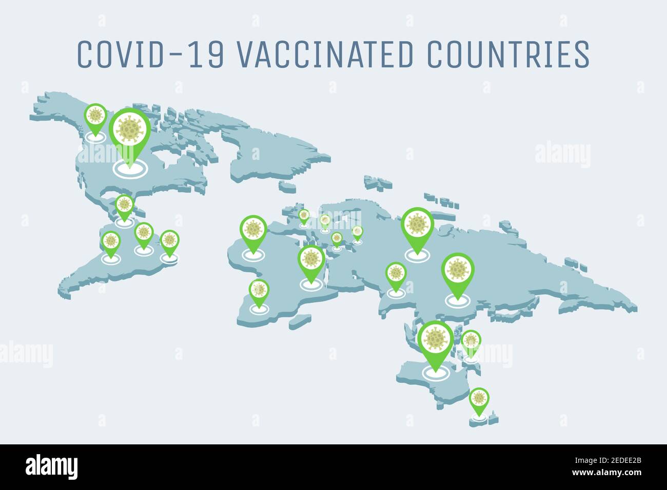 Covid-19 geimpfte Länder Vektor-flache Abbildung. Globale Pandemie des Coronavirus-Ausbruchs auf der Erde geht nach unten Konzept. Covid-19-Impfstoff in allen Ländern der Welt. Stock Vektor