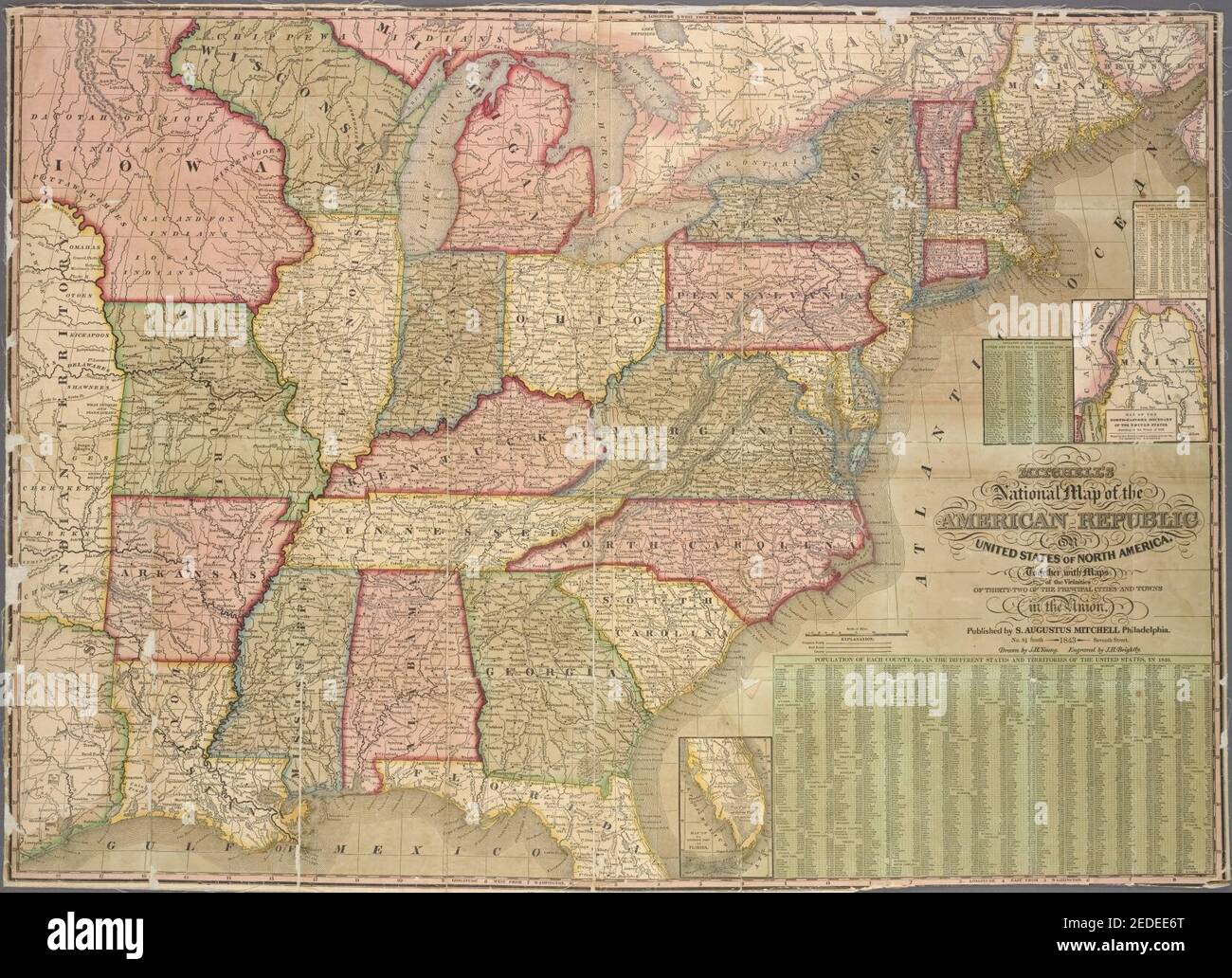 Mitchells Nationalkarte der Amerikanischen Republik - oder der Vereinigten Staaten von Nordamerika, zusammen mit Karten der Umgebungen von zweiunddreißig der wichtigsten Städte und Städte in der Union Stockfoto