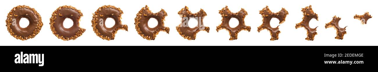 Prozess des Essens lecker Donut auf weißem Hintergrund Stockfoto