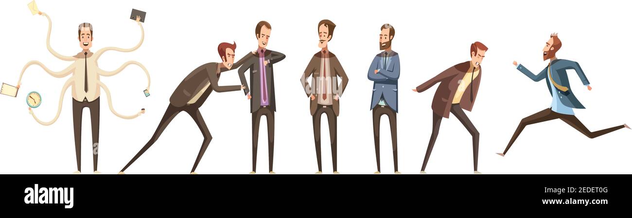 Cartoon-Zeichen dekorative Symbole Satz von männlichen Gruppe kommunizieren und Ausdruck verschiedener Emotionen flach isoliert Vektor-Illustration Stock Vektor