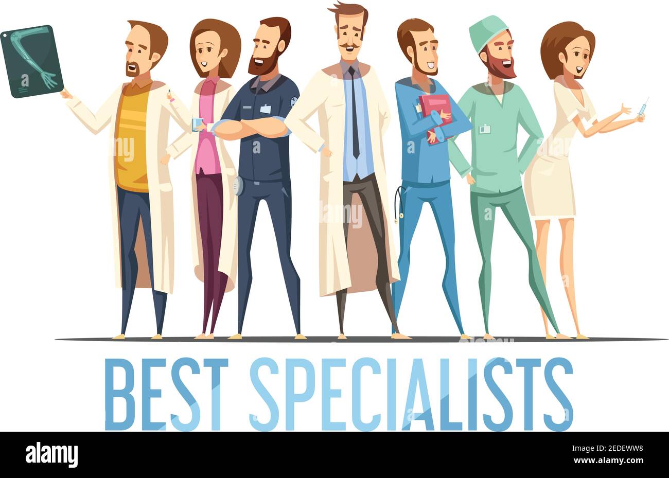 Beste medizinische Spezialisten Design mit lächelnden Ärzten und Krankenschwestern in Verschiedene Posen Cartoon Retro-Stil Vektor Illustration Stock Vektor