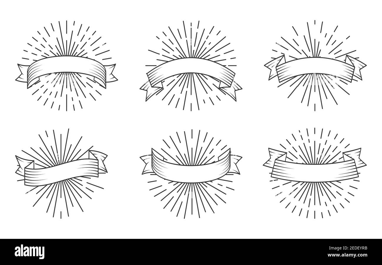 Retro-schwarze lineare Bänder mit Sunburst, Icon-Set. Altes Vintage-Band im Gravurstil. Vorlage Backdrop Handgezeichnete leere Bannerbänder mit Lichtstrahlen für Einladungen oder Karten. Vektorgrafik Stock Vektor
