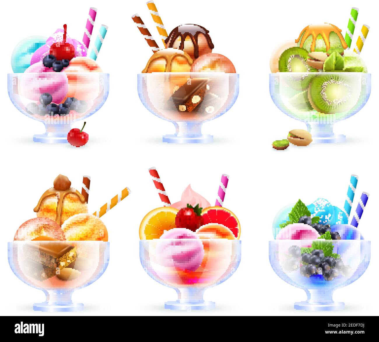 Sherbet Glas Sortiment realistische Bilder mit bunten Eis fruchtig Cocktails in verschiedenen Farben und Toppings Vektor-Illustration Stock Vektor