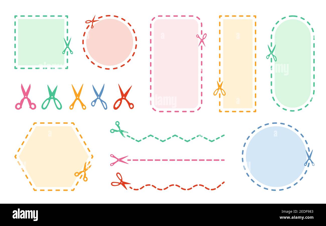 Schneideschere farbiges Set. Gepunktete Coupon Grenze Rabatt Symbol Schneide. Gepunktete Kreis-, Quadrat- und Rechteck-Form. Label outline Rabatt Zeichen. Vektorgrafik Stock Vektor