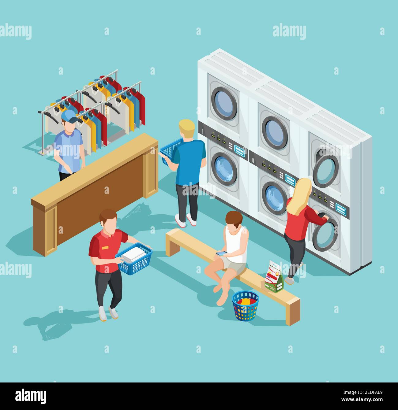 Self-Service-Münze öffentlichen Wäscherei mit Kunden waschen Und trocknen Kleidung isometrische Poster Vektor Illustration Stock Vektor