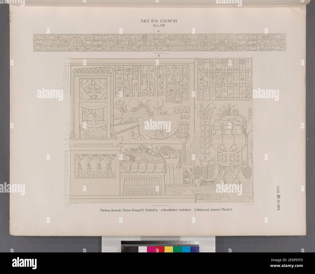 Neues Reich. Dynastie XXI. Theben (Theben). Karnak. Chôns (Khonsu)-Tempel T., Vorhof D.- a.. Oestlicher Architrav; B. Ostwand, unterer Theil B Stockfoto