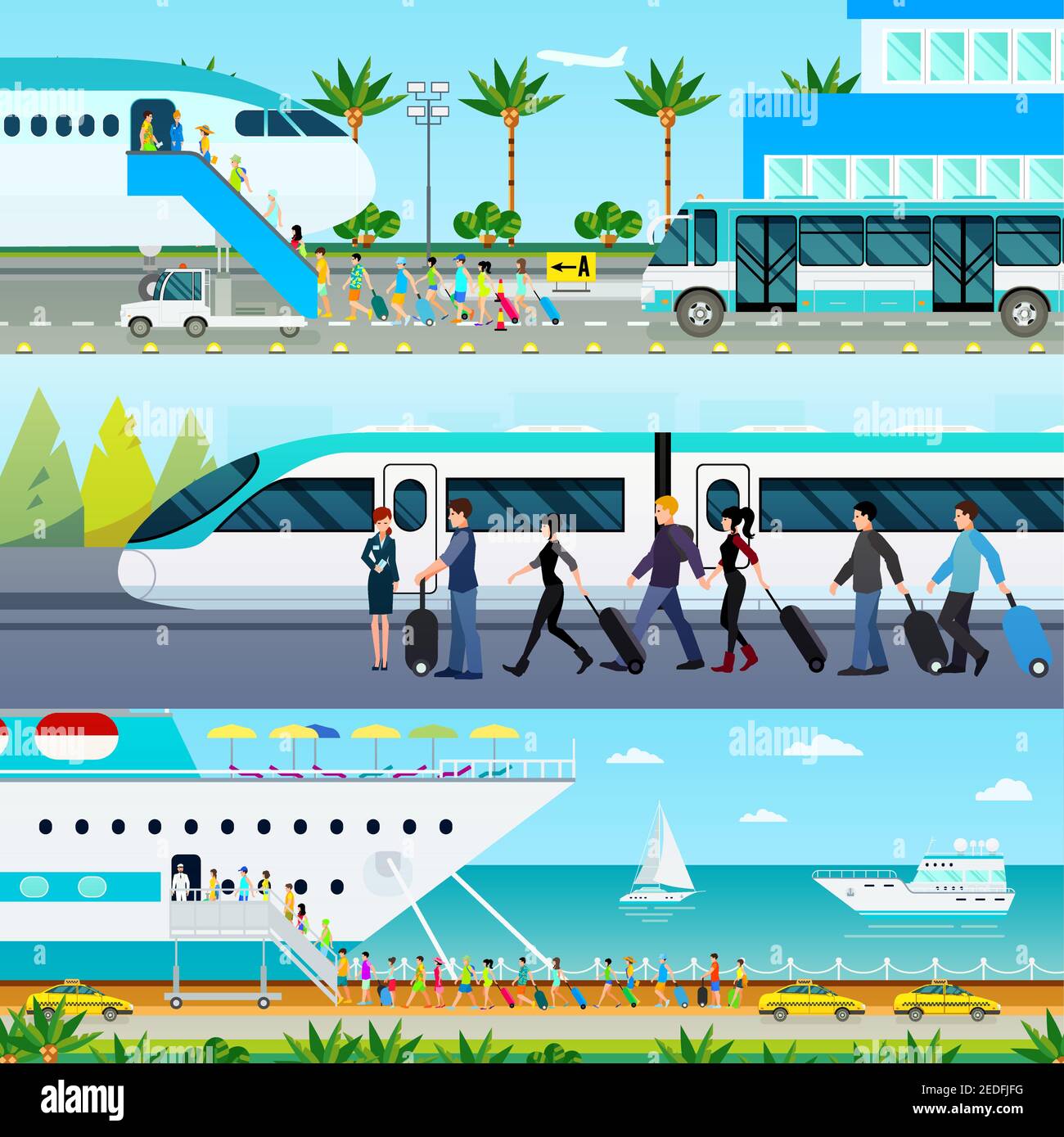 Drei horizontale Transportsfahnen mit tropischem Flughafentransfer intercity Zug und Passagier Ozean gehen Schiff Vektor Illustration Stock Vektor