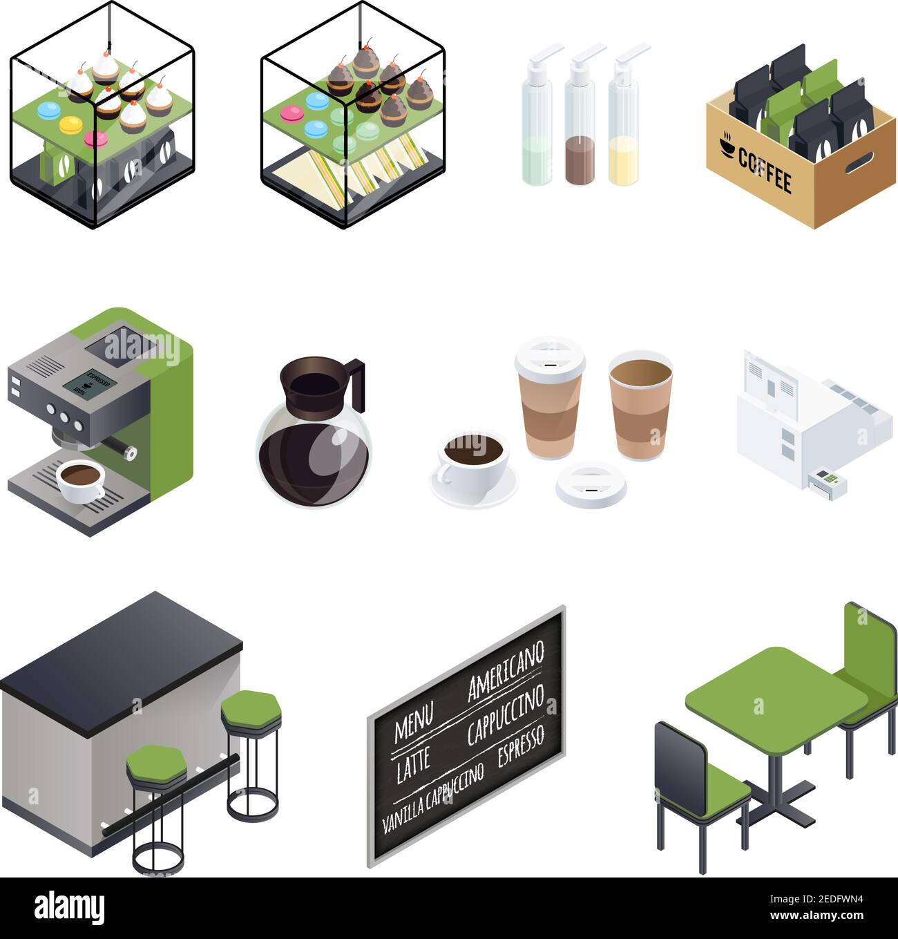 Kaffeehaus isometrische Elemente Set mit Tassen schwarzen Bord Sitze Kaffeemaschine und süße Donuts Kuchen Vektor-Illustration Stock Vektor