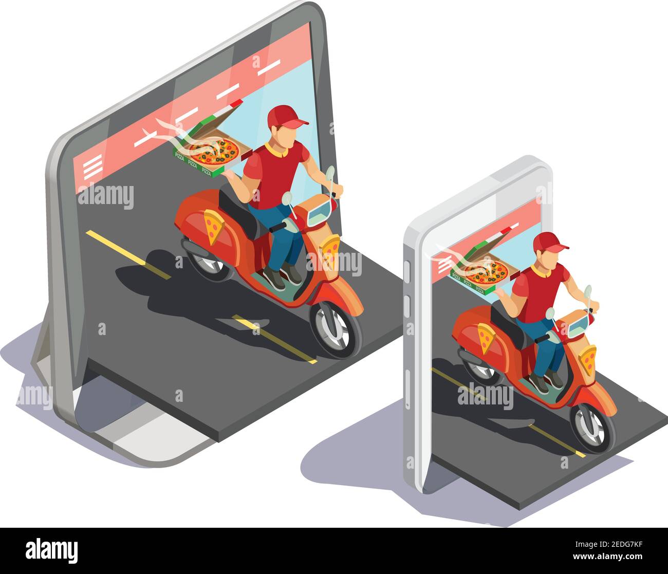 Lieferung isometrische Zusammensetzung mit Tablet-und Smartphone-Bilder mit Pizza Guy Reiten Motorrad aus dem Bildschirm Vektor Illustration Stock Vektor