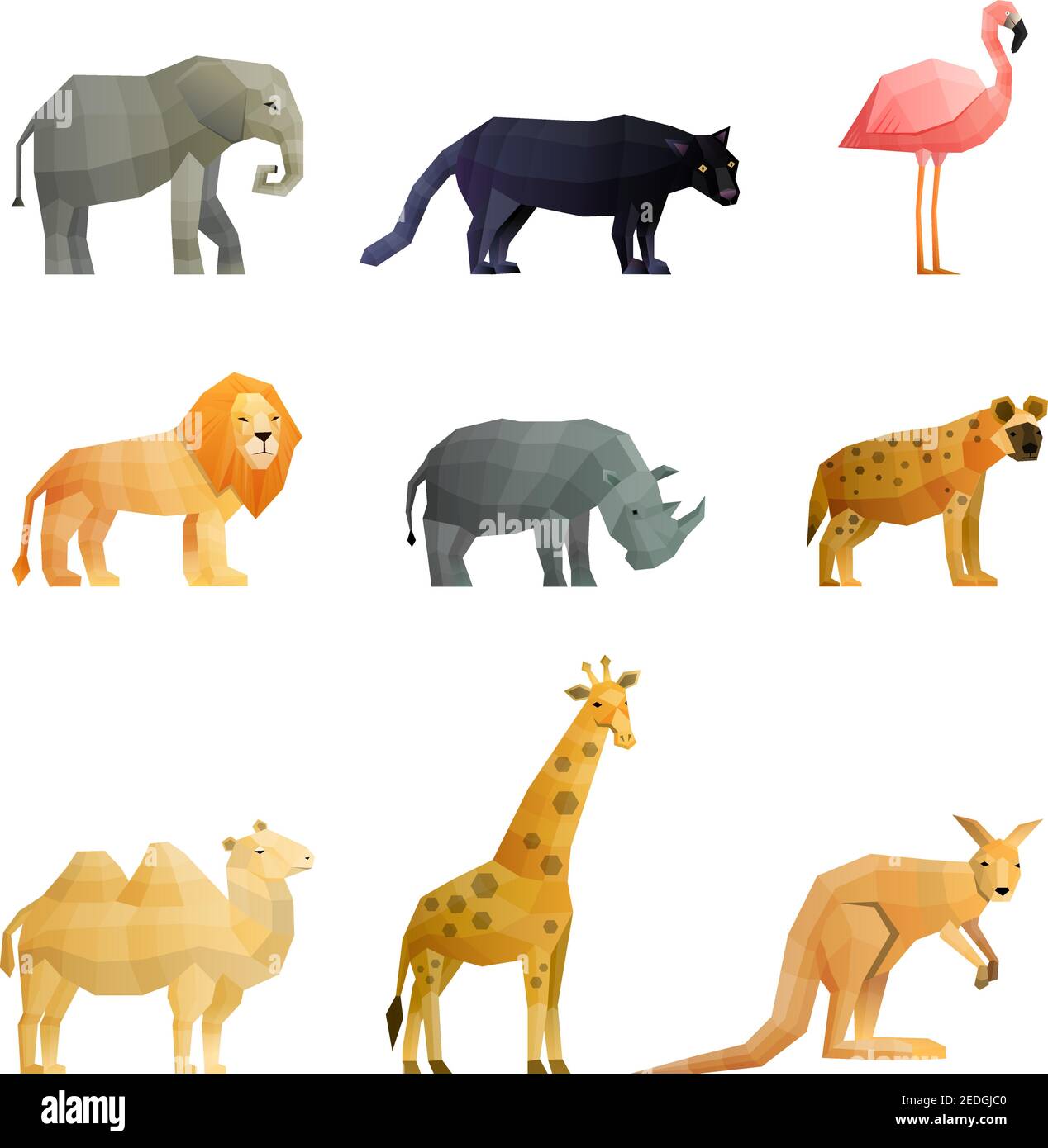 Südländische wilde Tiere polygonale Ikonen mit Giraffe Kängurulöwe gesetzt Kamel und rosa Flamingo isoliert Vektor-Illustration Stock Vektor