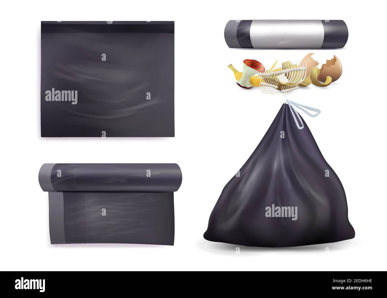 Schwarz Müllbeutel Mockup Set, Vektor isoliert Illustration. Küchenabfallbeutel, Müllbeutel. Stock Vektor