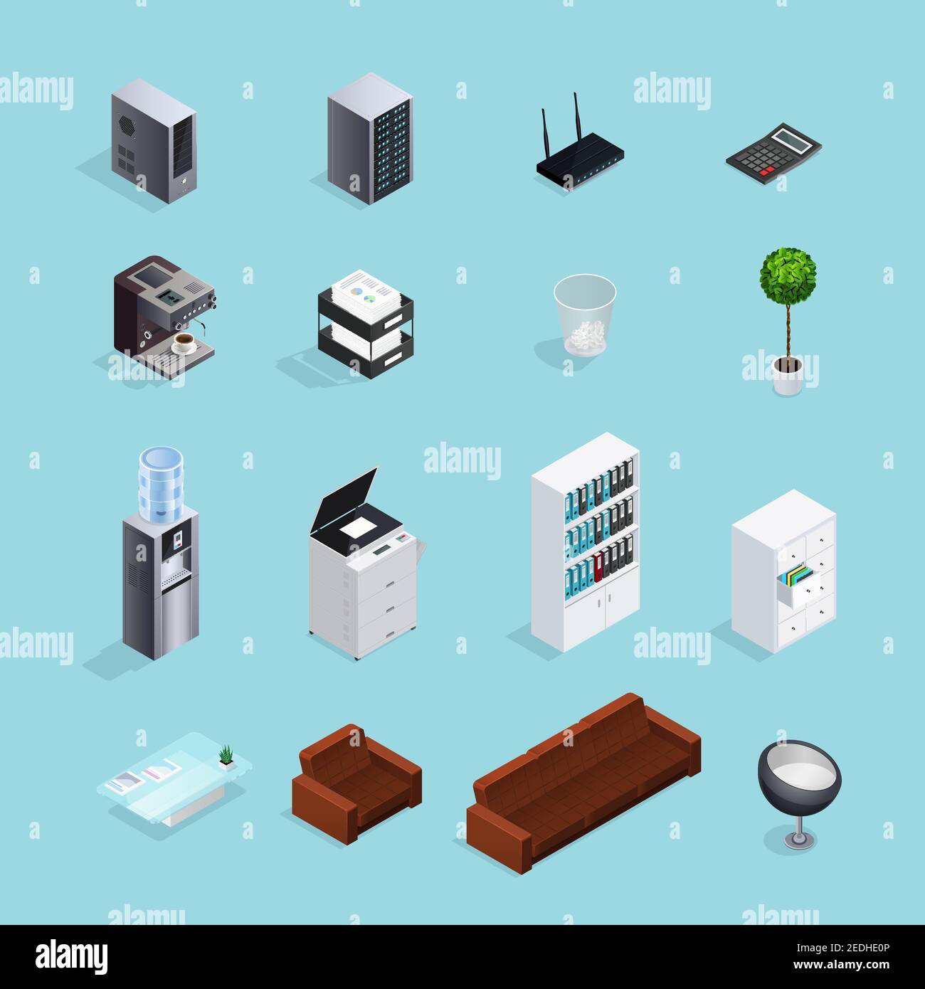 Farbiges Büromaterial isometrisches Icon Set mit Werkzeugen, die Atmosphäre schaffen In der Vektorgrafik für das Büro Stock Vektor