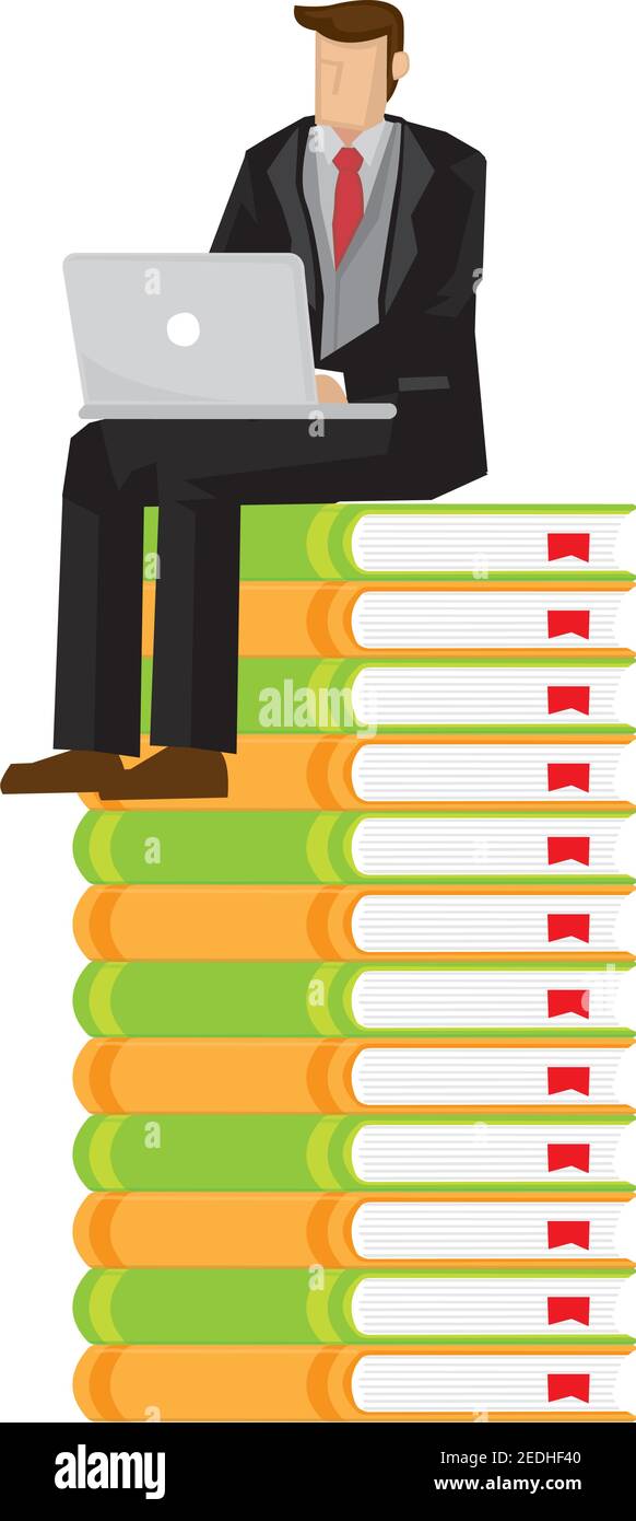 Ein Geschäftsmann in einem Anzug, der mit einem Laptop auf einem Stapel Bücher arbeitet. Konzept eines Unternehmers, der schnell mit seinem Wissen arbeitet. Vektor i Stock Vektor