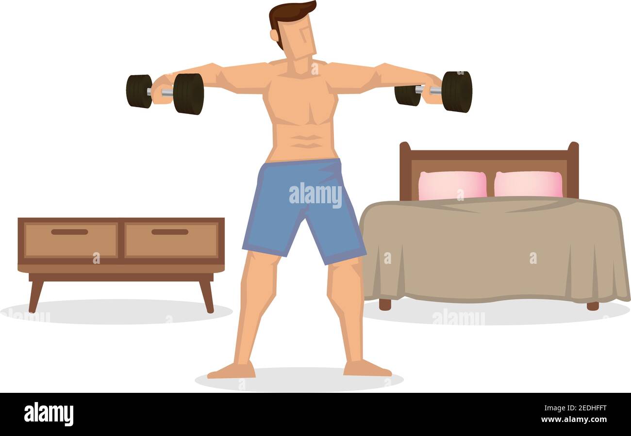Stark fit Mann Übungen mit Hanteln zu Hause in seiner geräumigen Wohnung. Fitness oder gesunde Routine Lifestyle-Konzept. Vektorgrafik. Stock Vektor