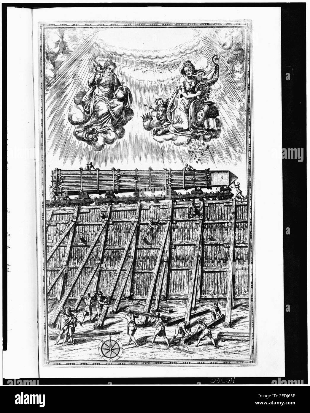 Obelisk, in einer Schutzhülle verpackt, auf Ihrer Seite auf Rollen, die Bewegung entlang Gerüst aus dem Zirkus Nero, der an den neuen Standort an der Piazza des Heiligen Petrus in Rom Stockfoto