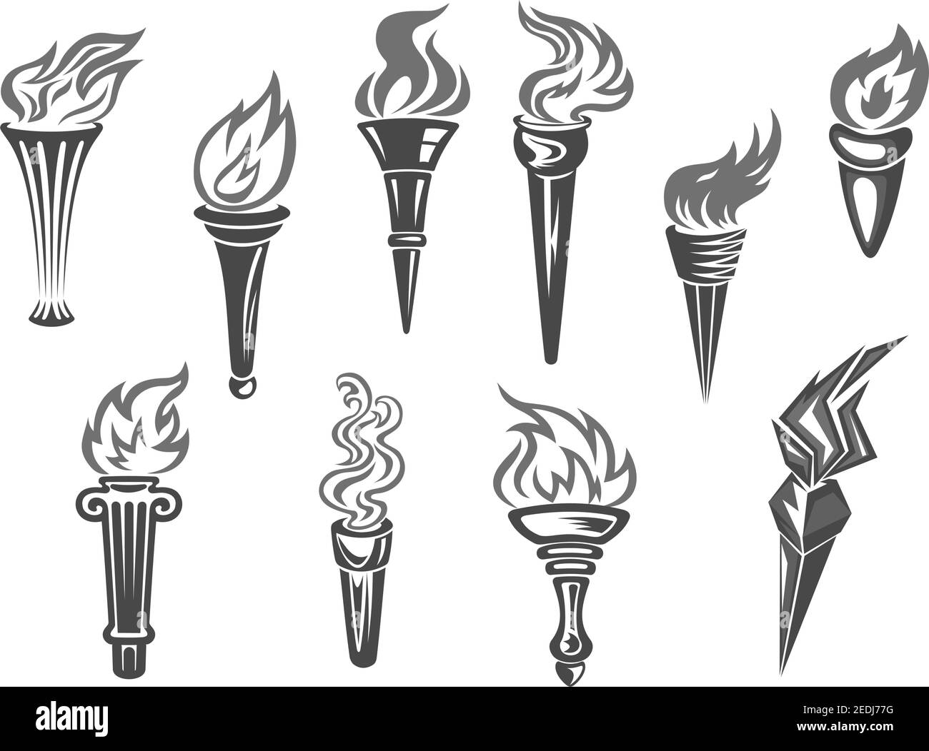 Symbole der olympischen Flamme oder der Feuerfackel. Vector Set von isolierten brennenden Sport oder Wettbewerb Fackeln Flammen. Symbole von Staffellauf, Wettkampfsieg, Champio Stock Vektor