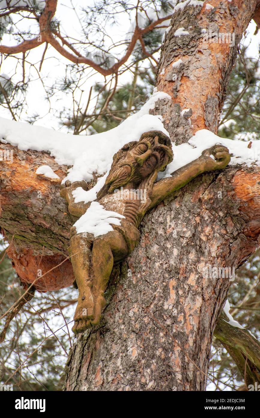 Schöne Holzskulptur von Christus oder Jesus von Schnee bedeckt hängen aus dem Stamm eines Baumes in einem Wald oder Park im Winter, vertikal Stockfoto