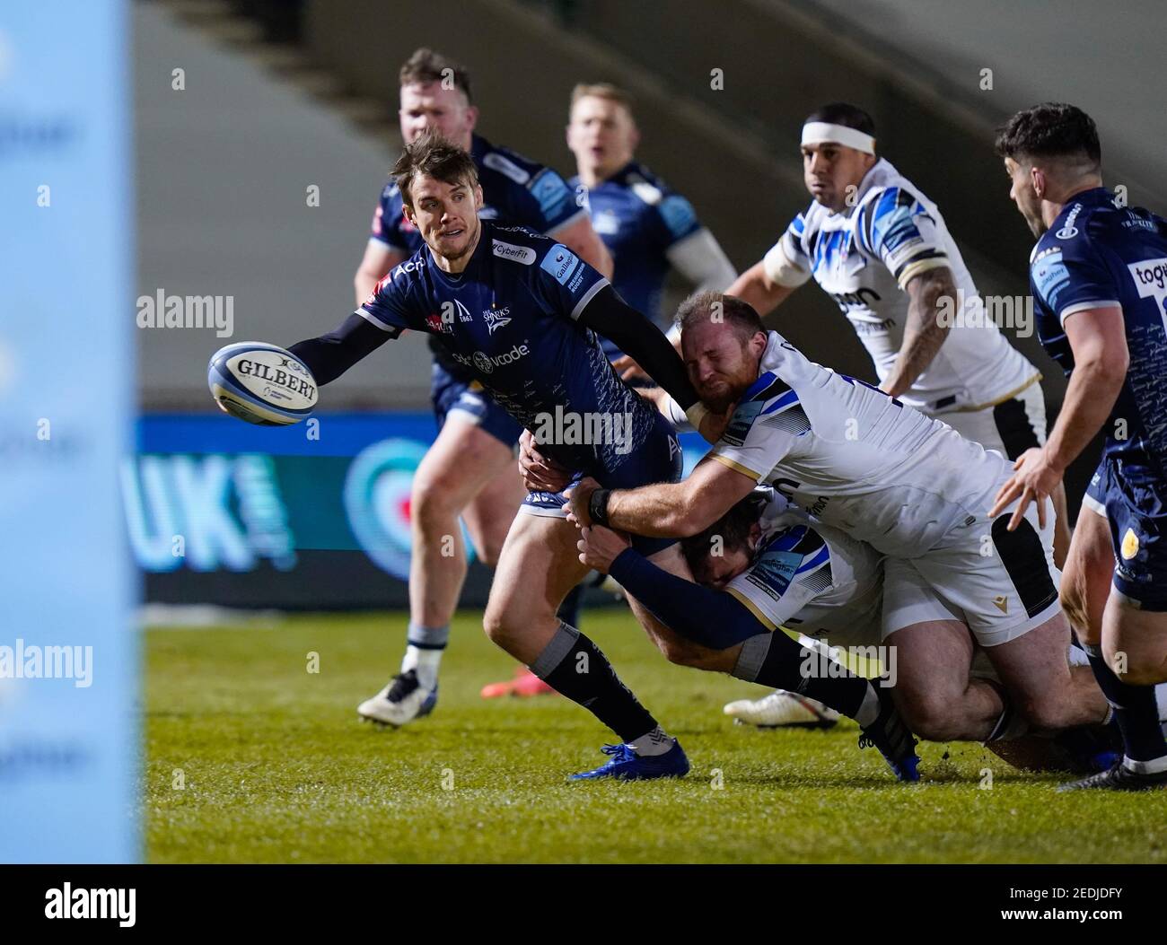 Sale Sharks AJ McGinty sieht aus, während eines Gallagher Premiership Runde 9 Rugby Union Spiel, Freitag, 12. Februar 2021, in Leicester, Vereinigtes Königreich. Stockfoto