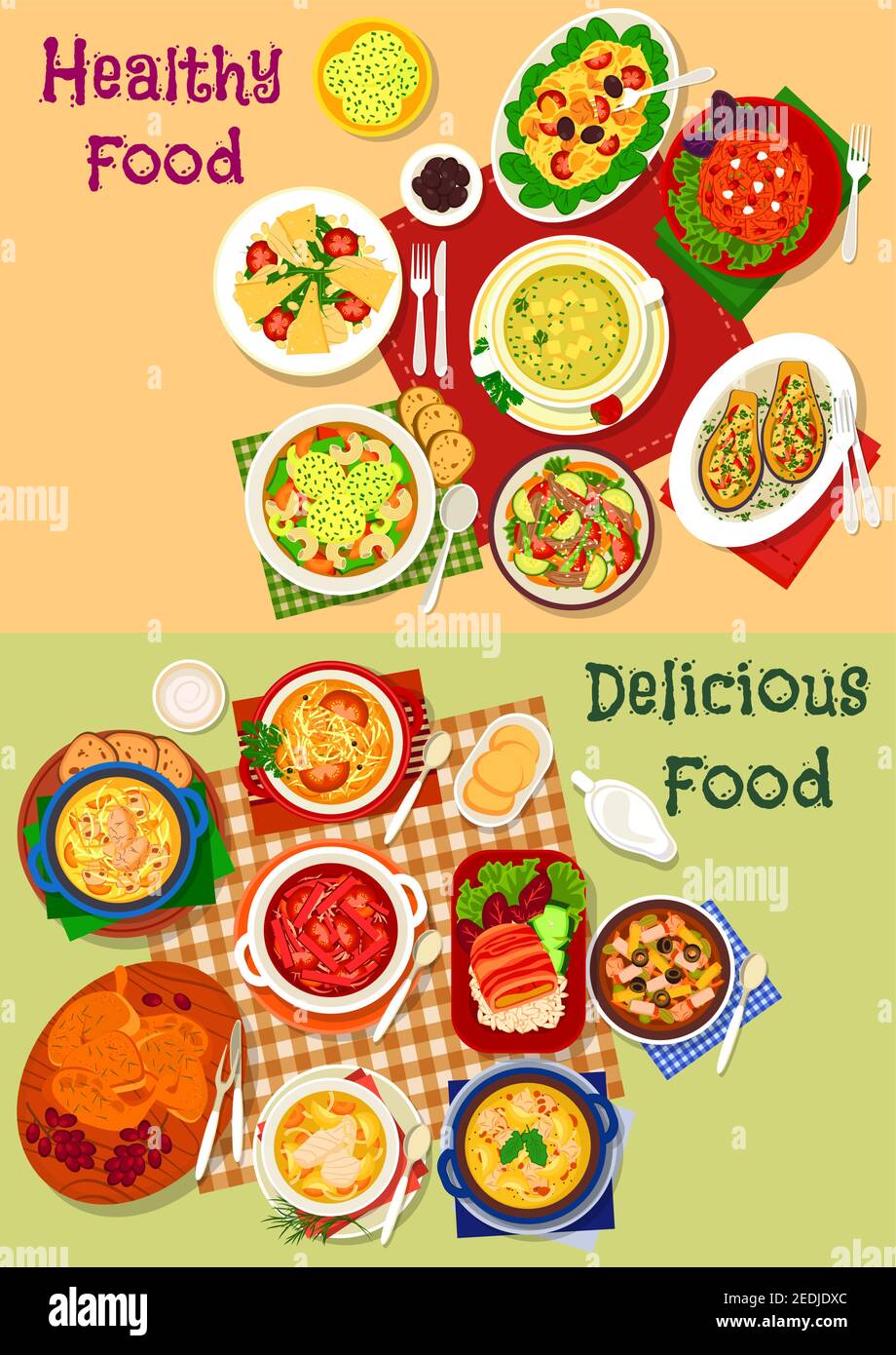 Russische Küche Suppe und frische Salatgerichte Icon Set mit Gemüse, Fleisch und Pasta-Salat, Rindfleisch, Huhn, Fischsuppe mit Pilz, Wurst, Käse du Stock Vektor