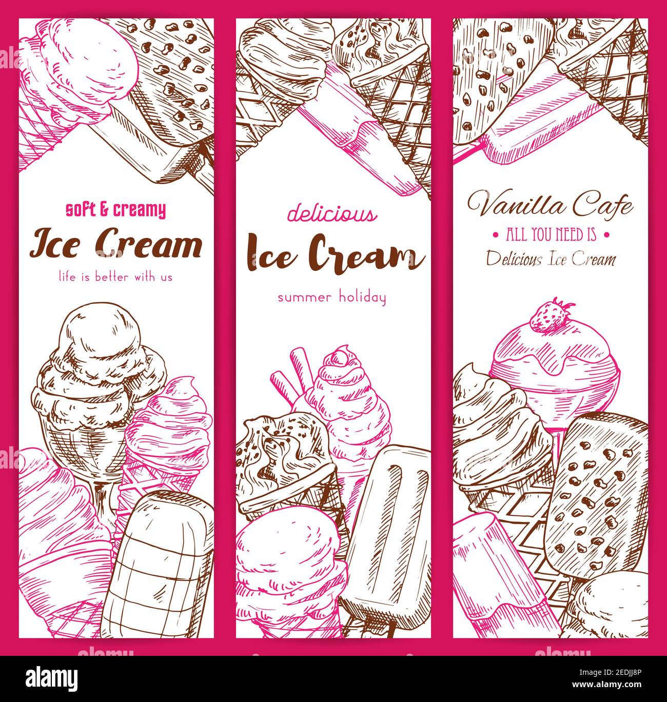 Eis Vektor Skizze Banner. Gefrorene fruchtige Desserts Sortiment Set von süßen glasierten eskimo mit Schlagsahne, Fruchteis mit Waffeln und Schokolade Stock Vektor