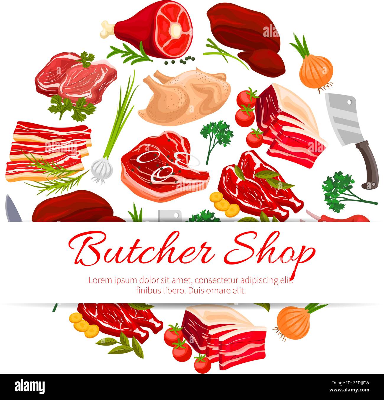 Metzgerei Fleischwaren Rundposter. Frisches Rindfleisch Steak und Schaft, Schweinebraten, Kotelett und Bauch, Speck, Schinken, Lammrippen, Huhn, Gemüse und würzig Stock Vektor