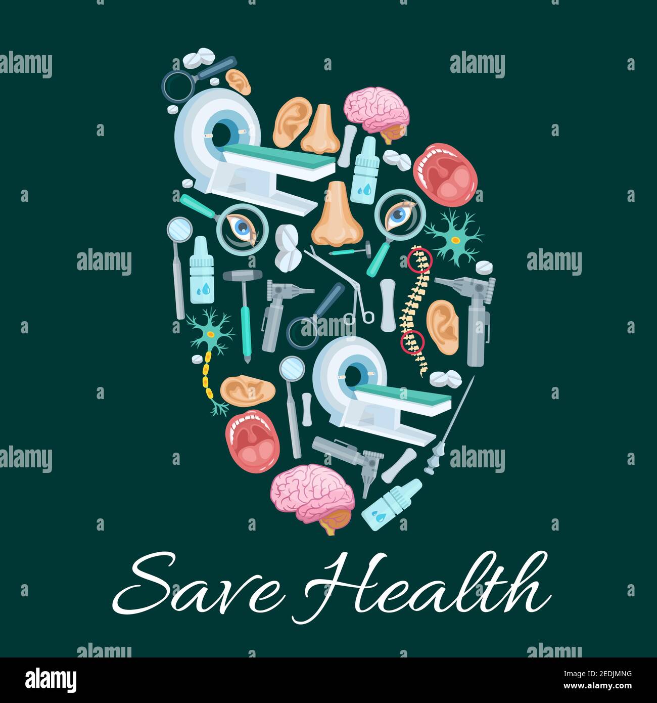 Herzsymbol oder medizinisches Poster von Gesundheitsmedikamenten MRT-Angiogramm-Scanner, menschliche Organe Gehirn, Wirbelsäule, Nase und Ohr, Nerven, Chirurgie und HNO-Heilkunde Stock Vektor