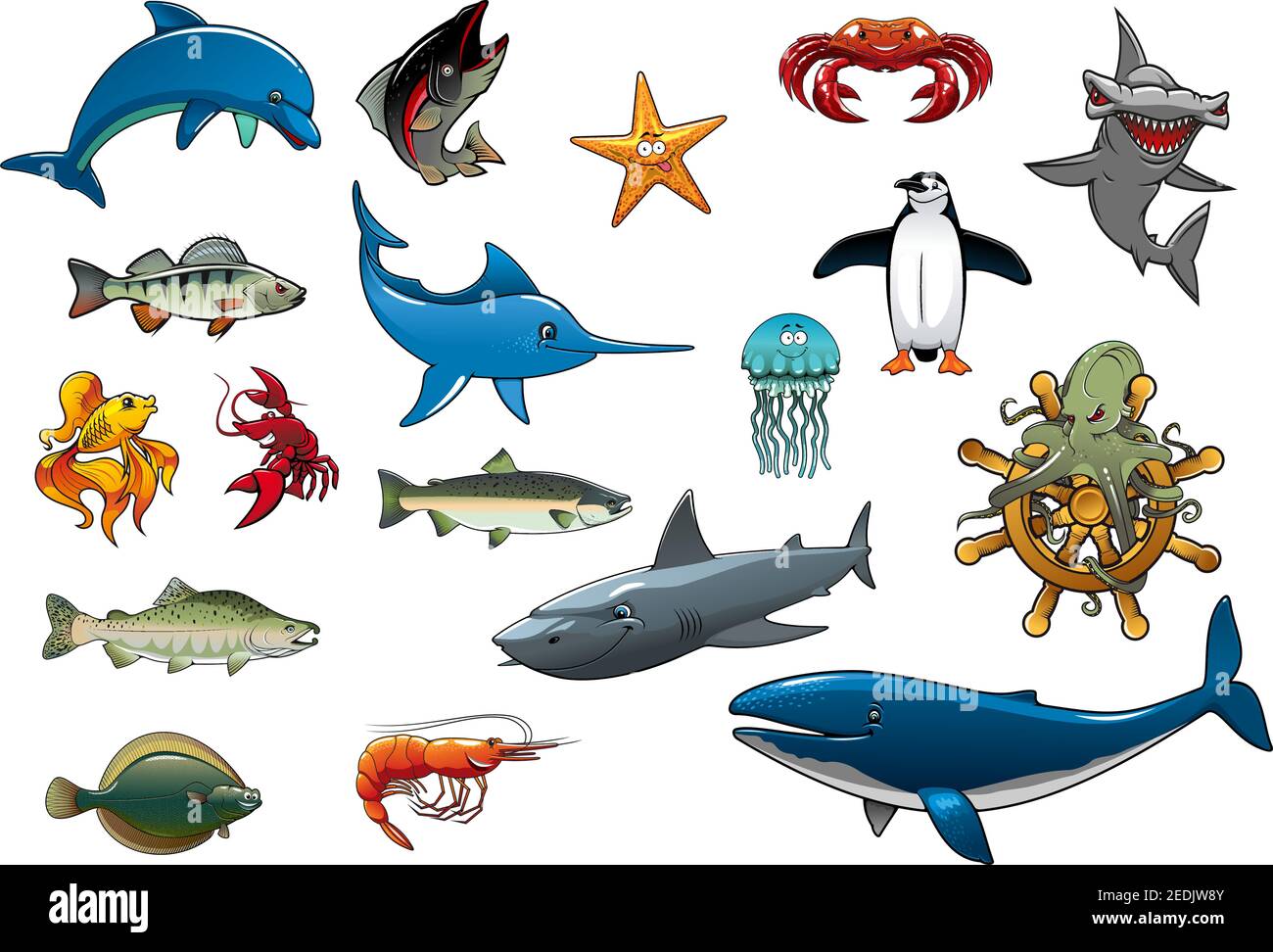 Fisch und Meerestiere Kreaturen von Cartoon Delphin, Thunfisch, Sternfisch, Hummerkrabben und Garnelen, Hammerhai, Marlin oder Schwertfisch, Quallen, Pinguin Stock Vektor
