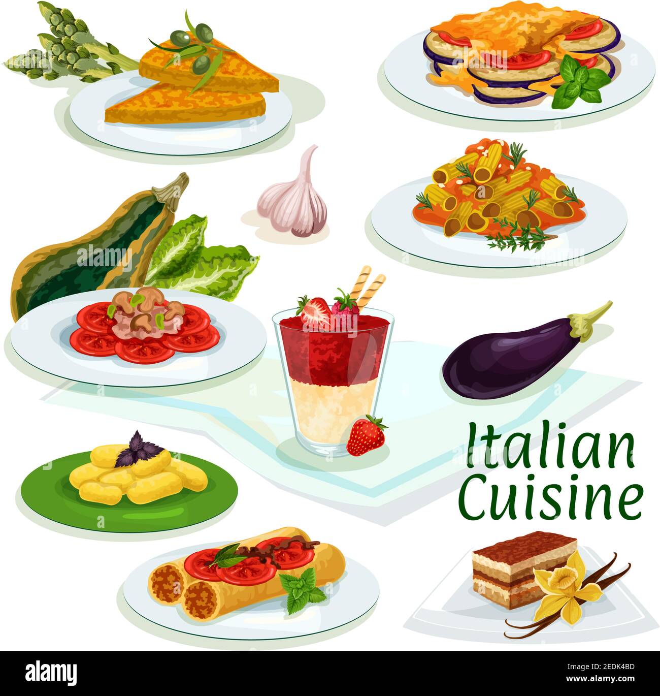 Italienische Küche traditionelle Küche Ikone. Pasta mit Pilzsauce, Auberginen-Käse Auflauf, gefüllte Pasta mit Fisch, Kaffee Kuchen Tiramisu, Kartoffel Dum Stock Vektor