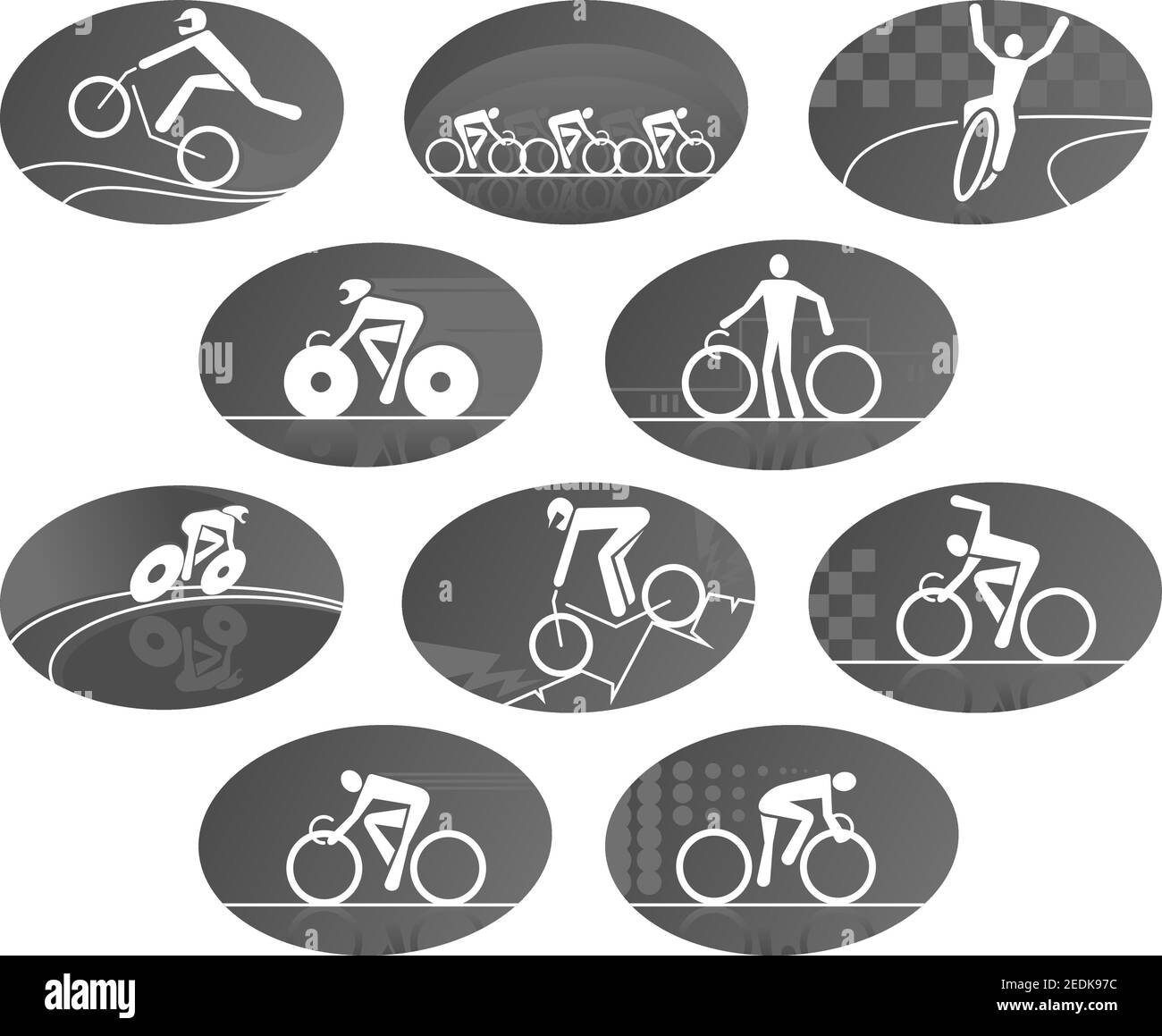 Radsport Vektor-Symbole des Radsports. Fahrräder oder Fahrräder mit Radfahrern Team, Sieger, Radler oder Radfahrer im Ziel. Isolierte Ikonenfür Berg an Stock Vektor