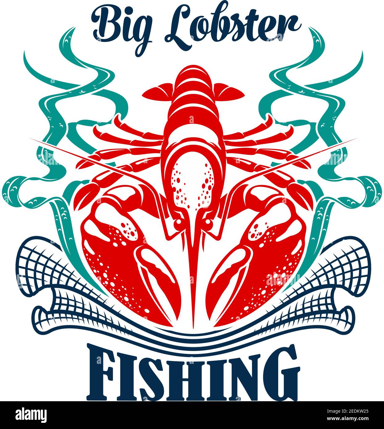 Angelikone des großen Ozeanhummer mit Fischernetz oder Fischteier und Algen. Fischereiindustrie Emblem oder Abzeichen für Freizeit Sport fishi Stock Vektor