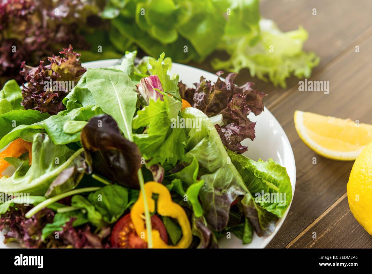 Bunte gesunde frische Mischung Gemüsesalat in weißen Teller auf Holztisch Stockfoto