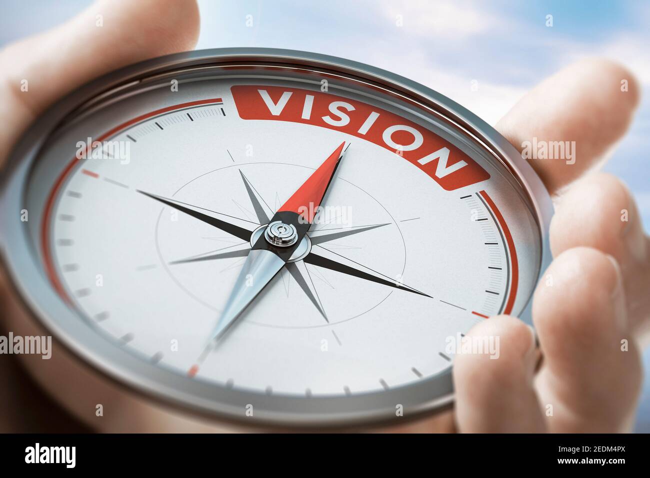 Hand hält einen Kompass mit Nadel zeigt das Wort Vision. Werte der Unternehmens- oder Unternehmensaussage. Zusammengesetztes Bild zwischen einer Hand Fotografie und Stockfoto